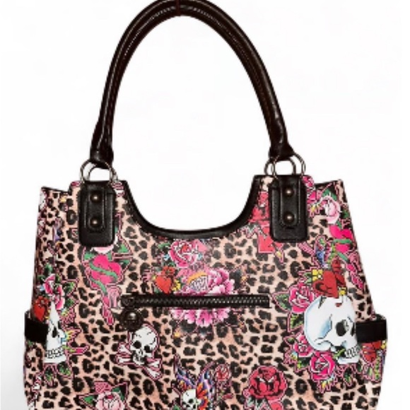 Ed Hardy Leopard Floral Skull Floral Tote Bag Hearts Butterflies New - Picture 3 of 11
